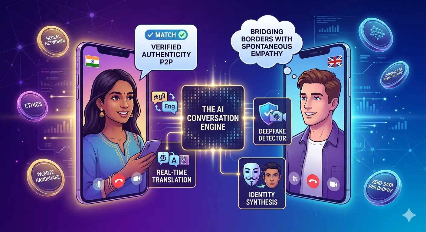 Illustration showing the contrast between AI synthetic media and raw human WebRTC connection