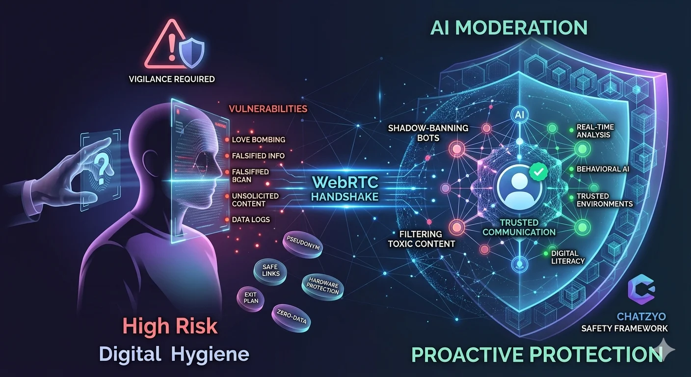 Conceptual illustration of anonymous chat risks (social engineering, love bombing) vs. AI moderation and zero-data shields