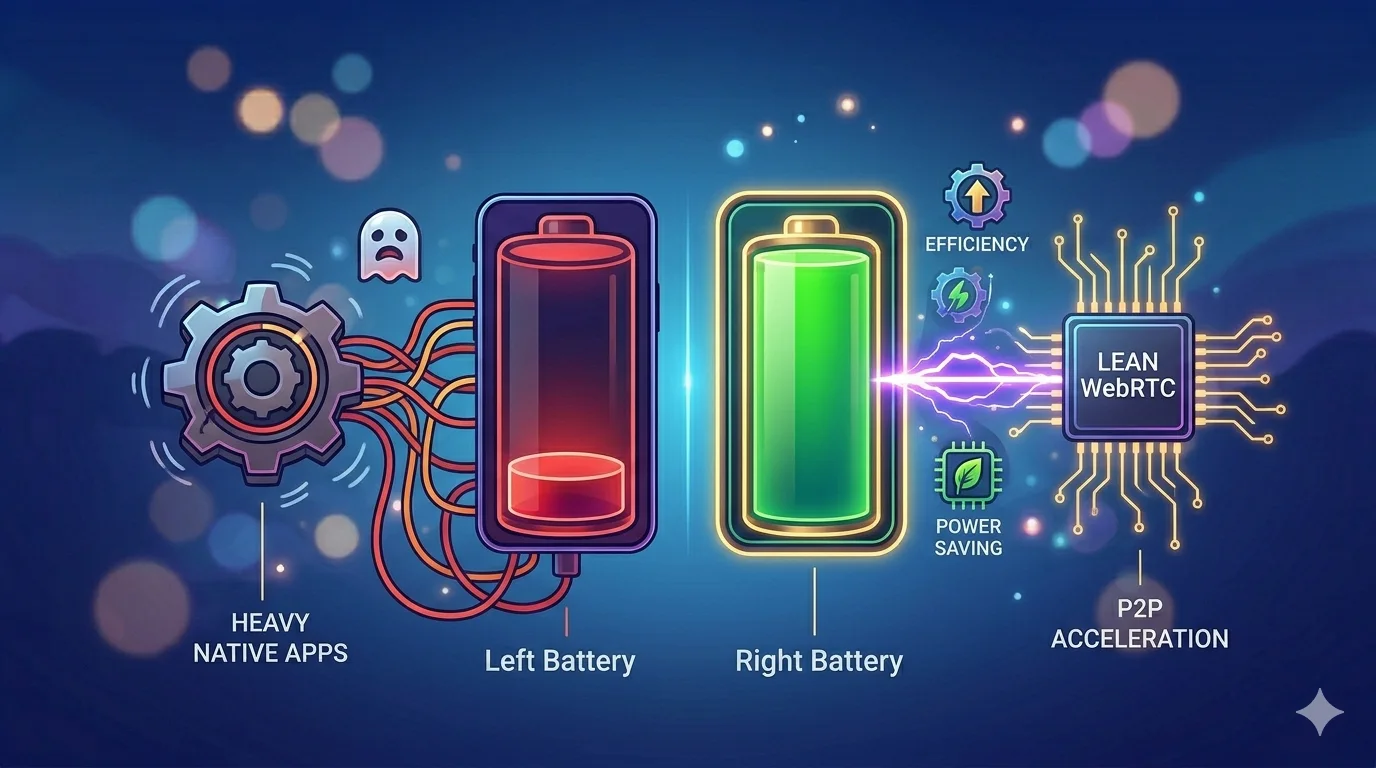 A side-by-side technical illustration showing a draining battery under a heavy app logo, compared to a full green battery under a WebRTC browser icon