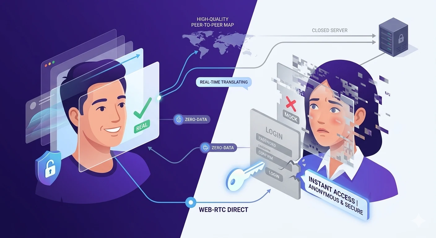 Illustration showing the contrast between unfiltered, real video chat and filtered social media with login barriers