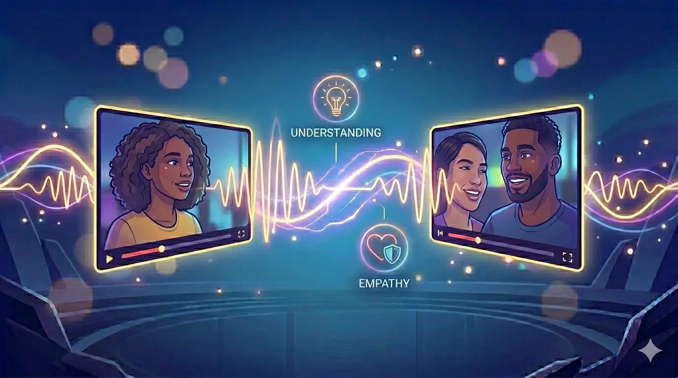 A digital illustration of two people connecting over video chat, with glowing sound waves representing deep, active listening