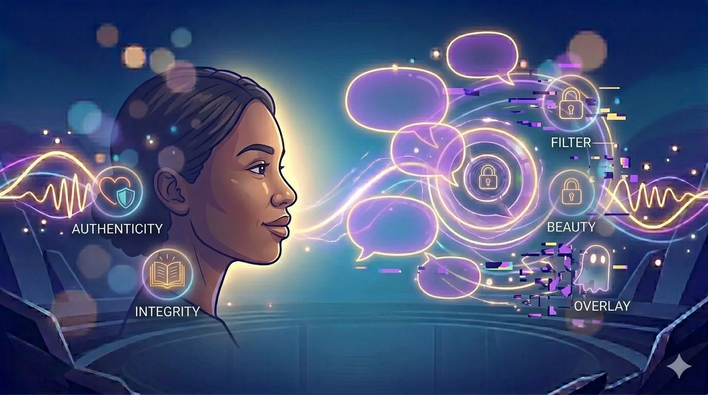 A conceptual split-screen digital illustration showing a hyper-filtered AI face on the left and a natural, raw, authentic face on the right