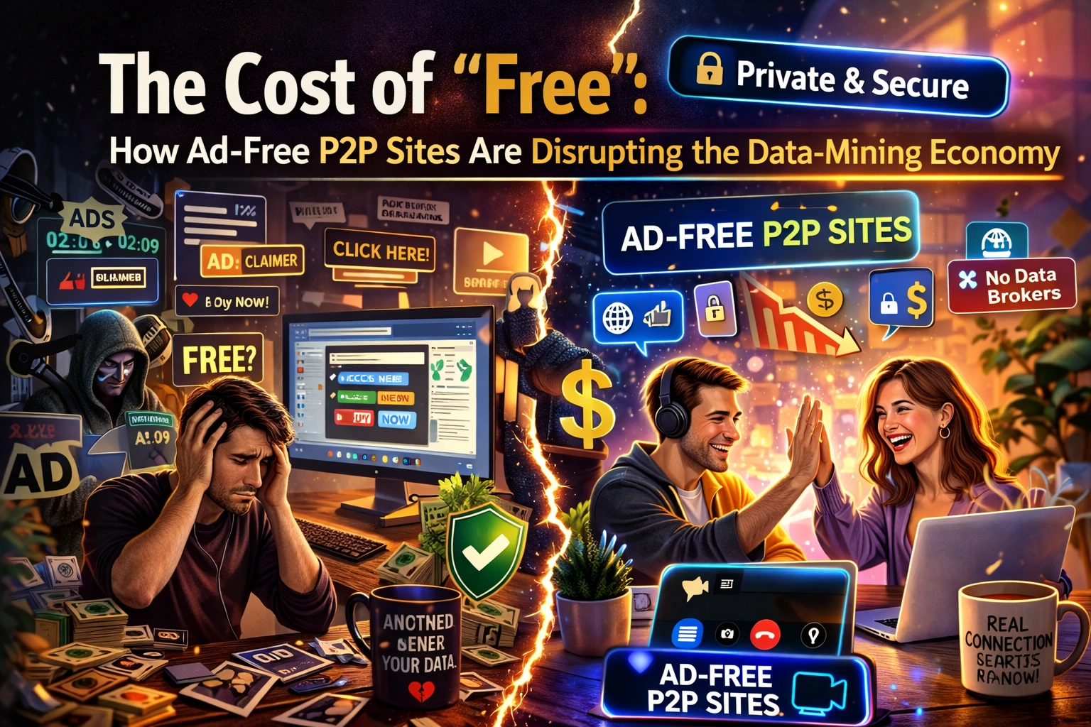Conceptual illustration of Peer-to-Peer networks shattering centralized data-mining servers