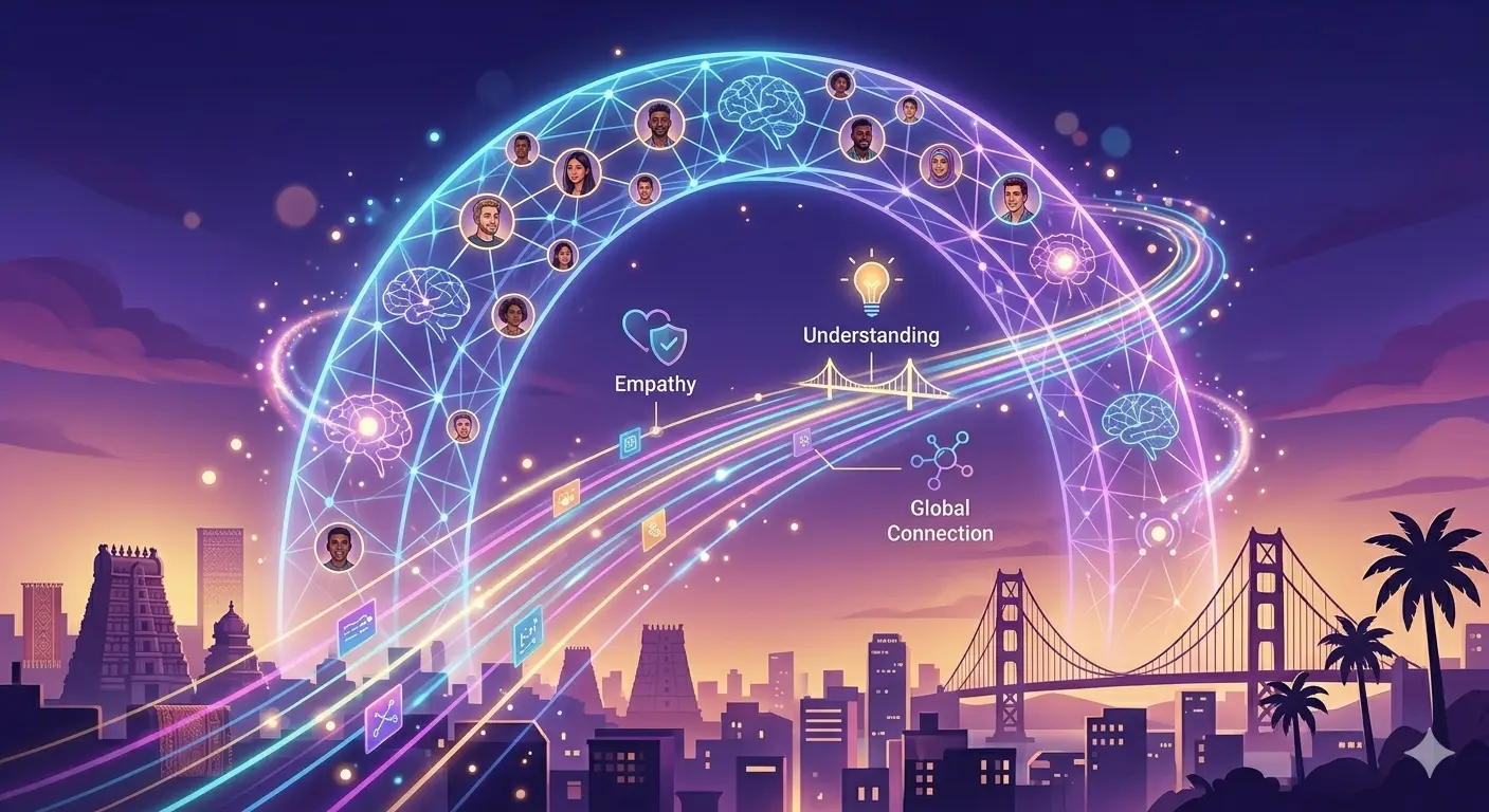 A glowing digital bridge made of neural patterns connecting two diverse cities across the globe