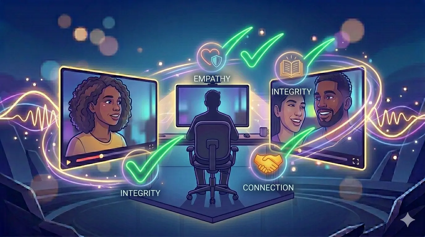 A digital illustration of a user looking through a video chat interface, spotting glowing green checkmarks indicating a high-value connection