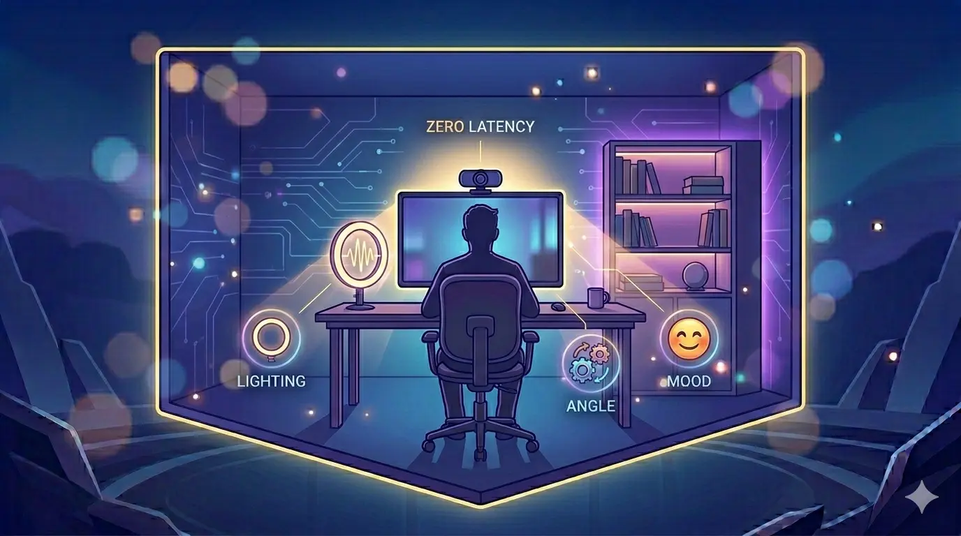 A well-lit, aesthetically pleasing home studio setup optimized for peer-to-peer video chat with warm background lighting