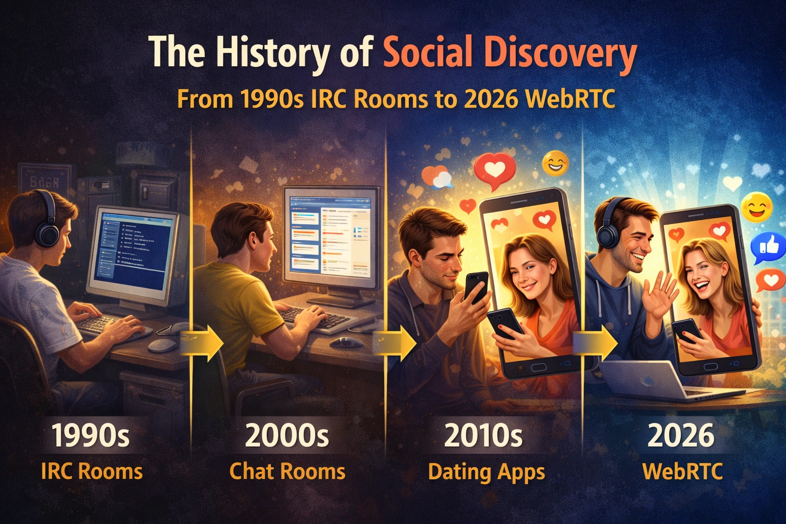 Conceptual timeline from retro IRC text terminals to futuristic WebRTC video chat interfaces