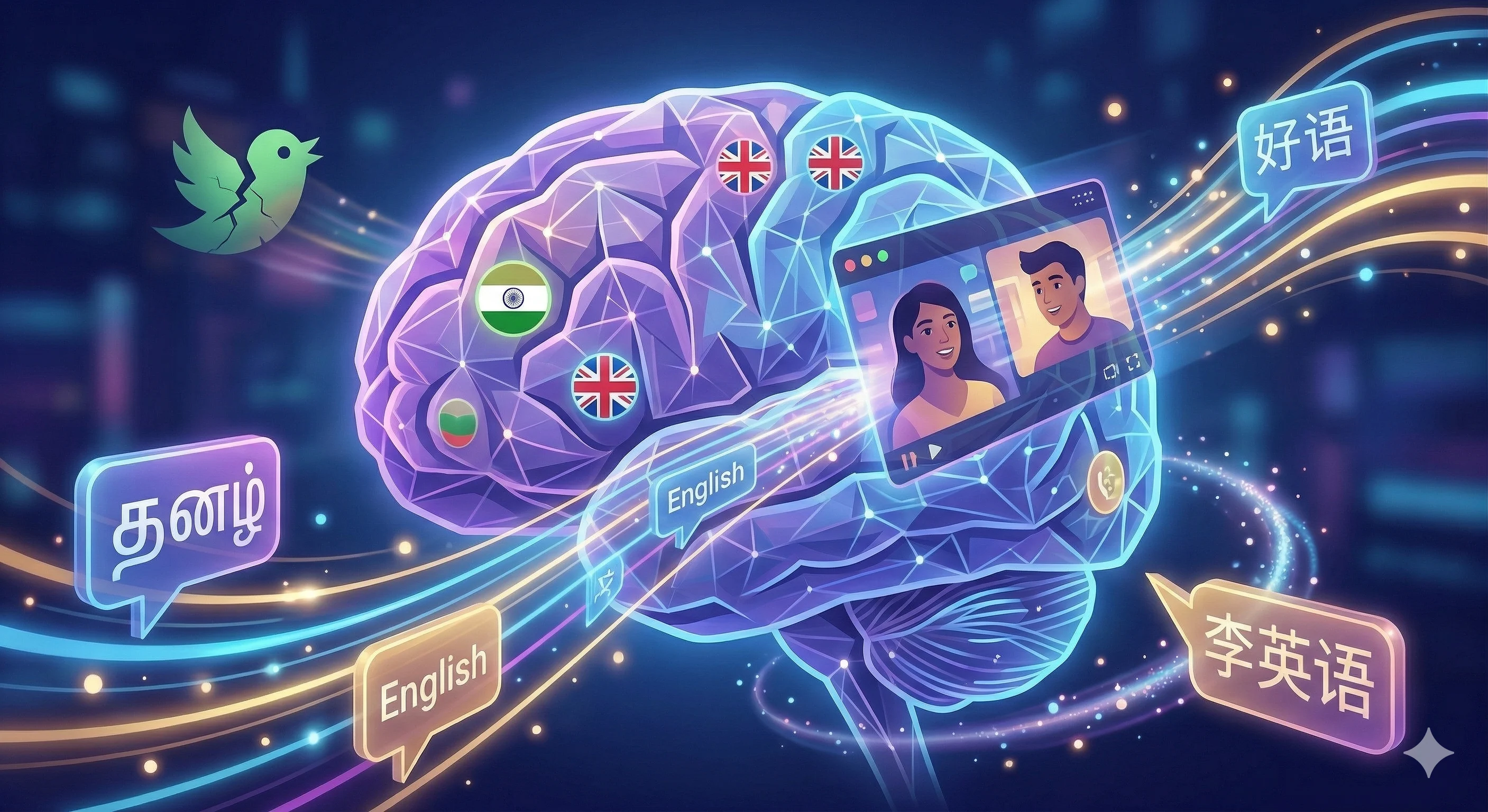A digital illustration of a brain processing multiple language flags through a glowing video chat interface