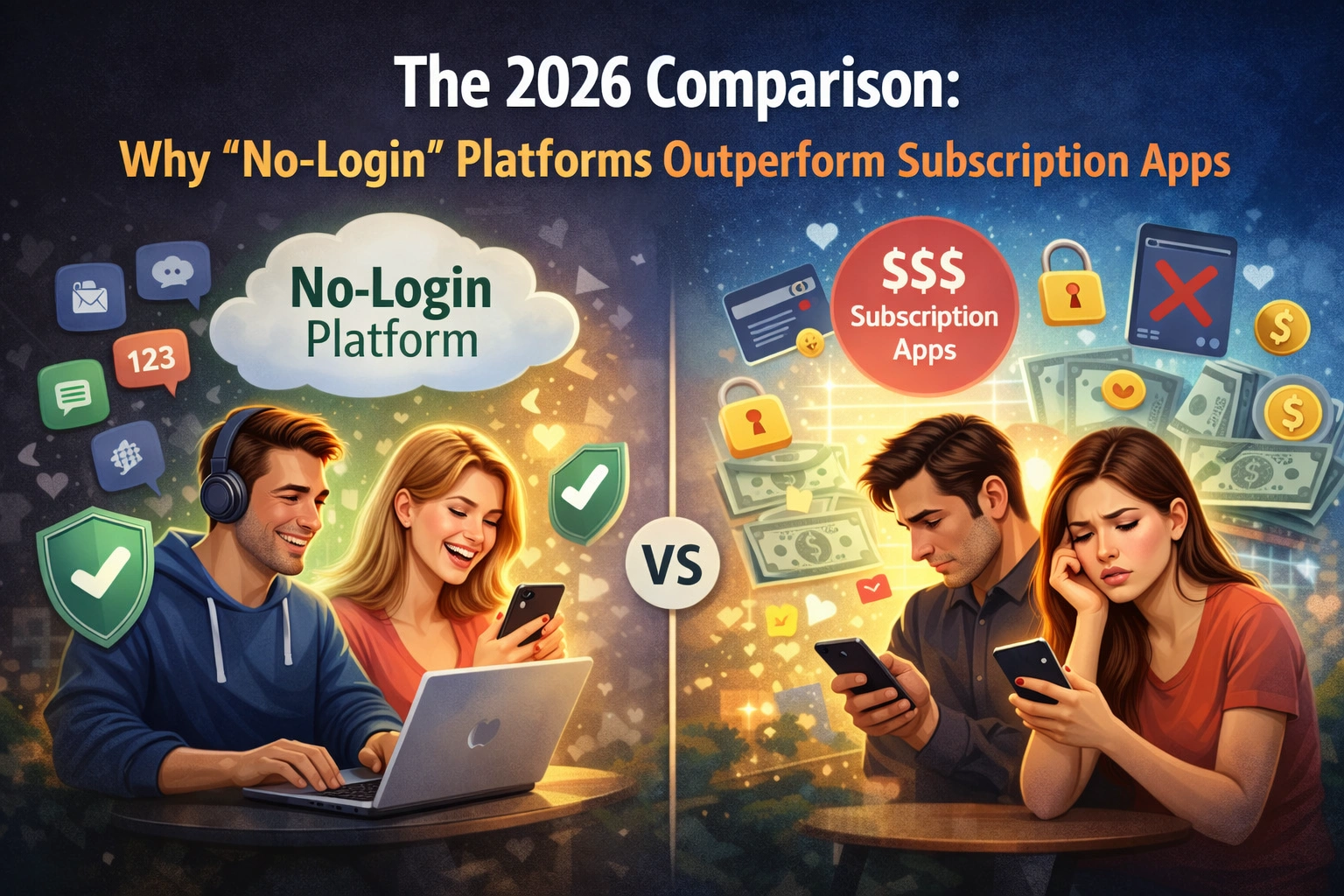 Conceptual comparison of no-login platforms versus traditional subscription-based applications