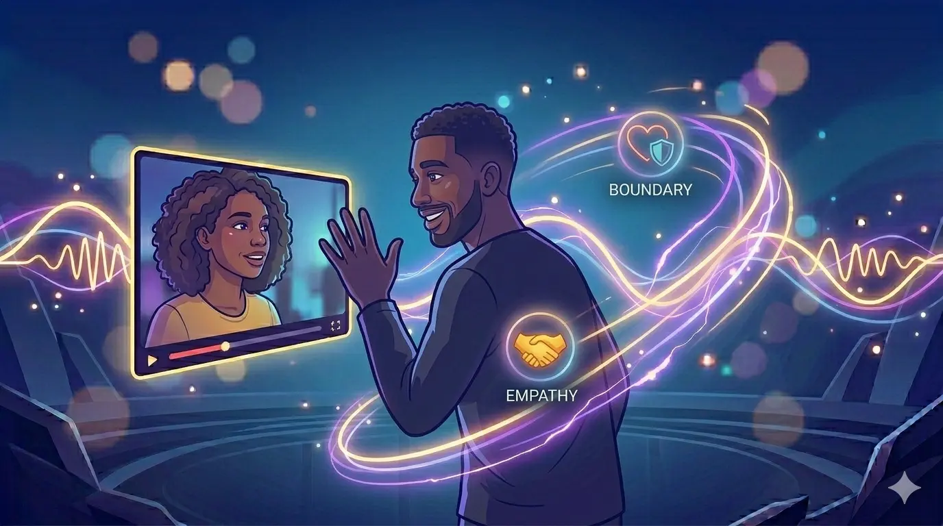 A digital illustration of someone gracefully waving goodbye to a video chat interface before disconnecting