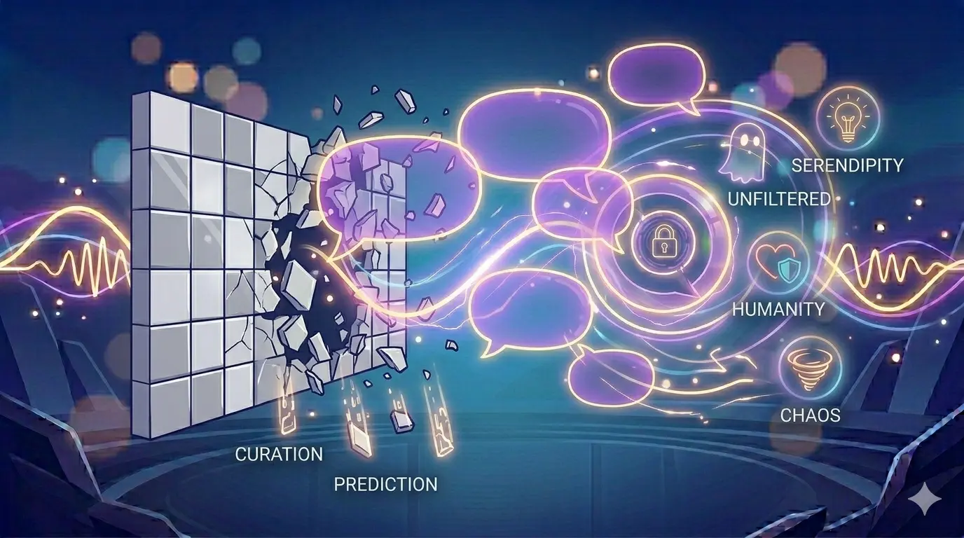 A conceptual digital illustration contrasting a highly structured algorithmic grid with a beautiful, chaotic explosion of diverse human connections
