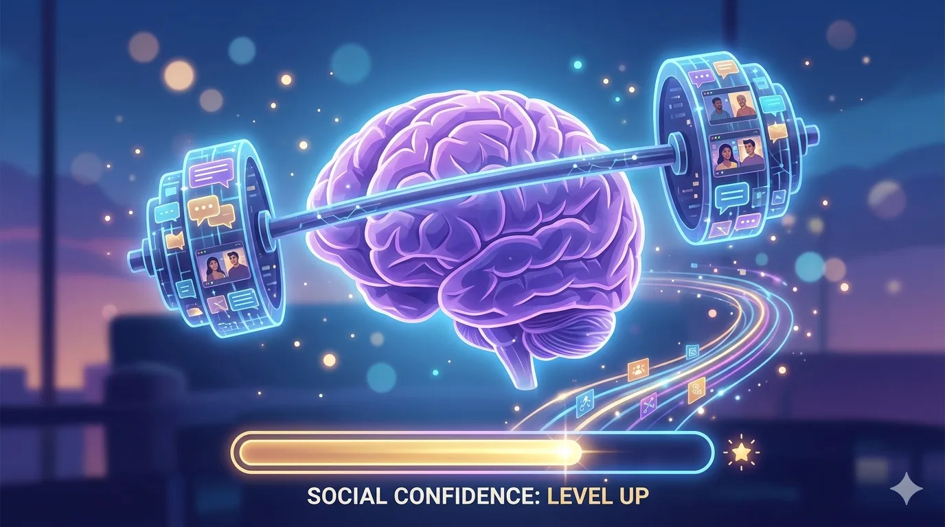 A digital illustration of a glowing brain lifting a dumbbell made of chat bubbles, symbolizing social strength