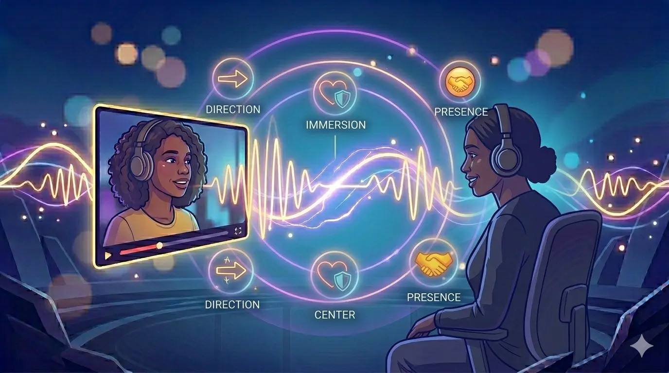 A conceptual digital illustration of a user experiencing 3D directional sound waves during a video chat connection