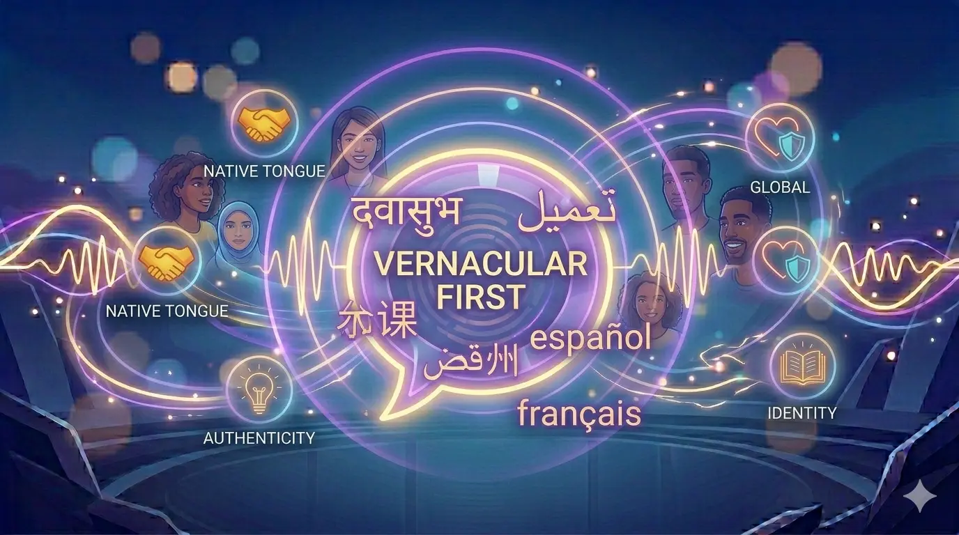 A conceptual illustration representing a diverse globe connected by glowing native language scripts rather than a single dominant language