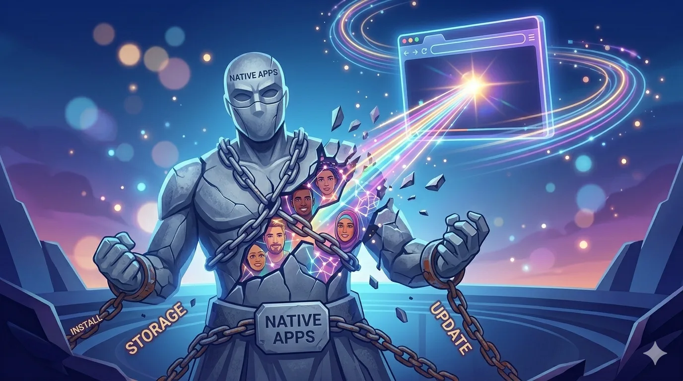 A lightweight digital browser window soaring effortlessly above heavy, chained application icons