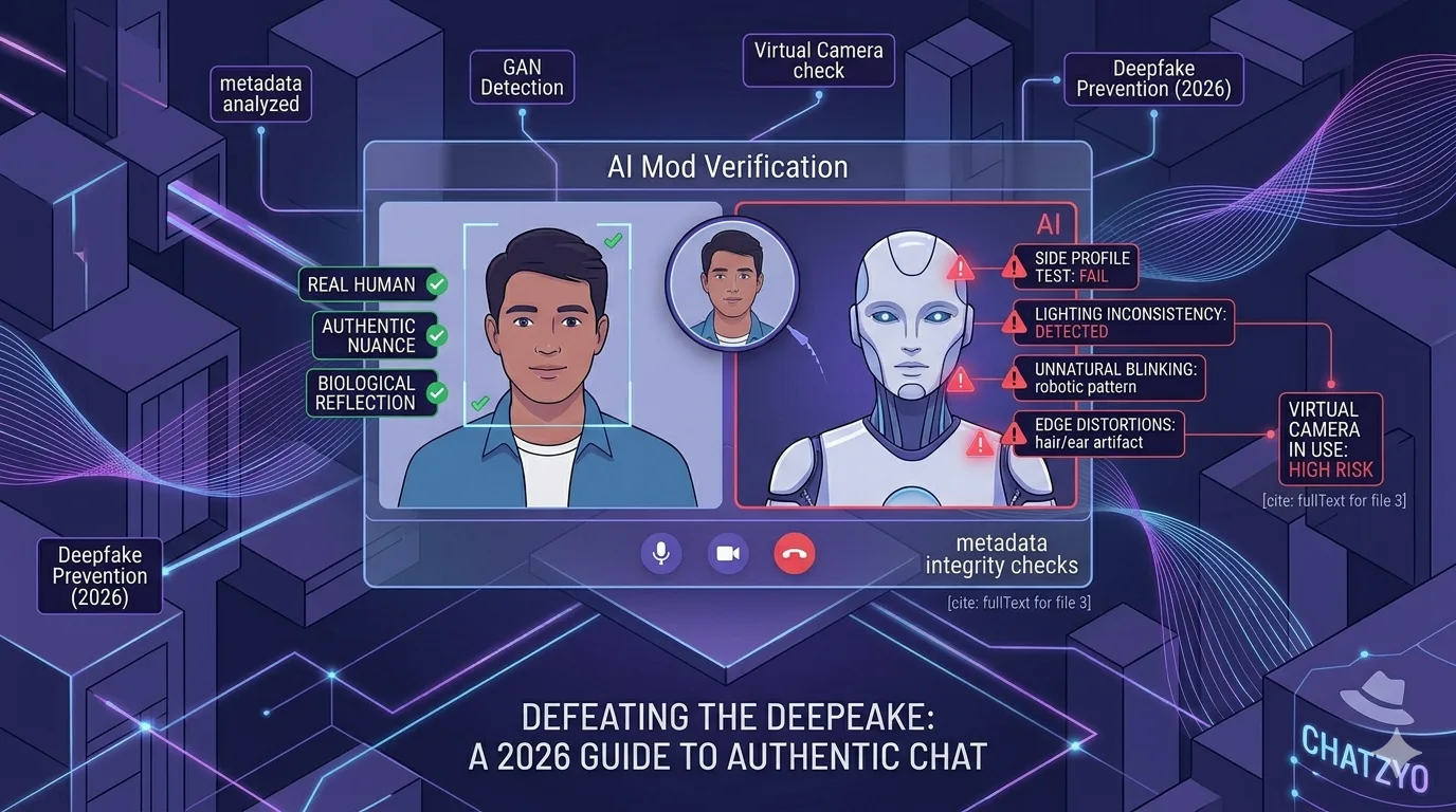 A digital security dashboard performing 'AI Mod Verification' on a video call, highlighting technical red flags like 'Lighting Inconsistency' and 'Unnatural Blinking' to detect deepfake AI avatars.