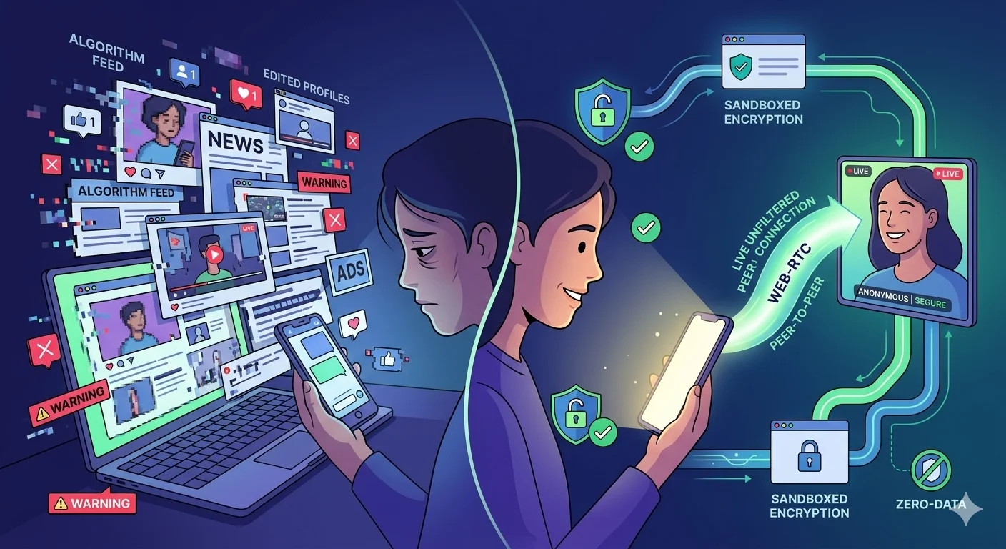 A person closing a laptop full of social media notifications and looking refreshed while engaging in a live video chat session