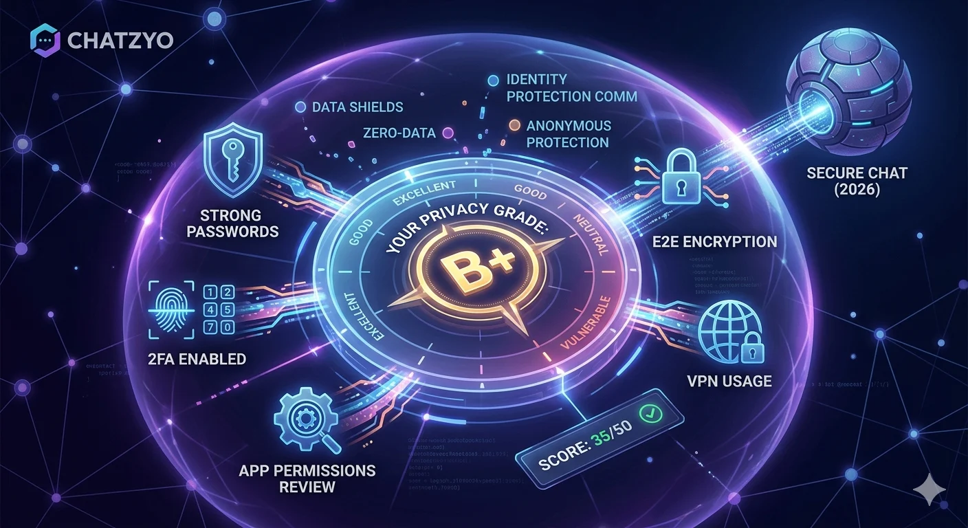 Futuristic digital privacy scorecard dashboard with security grade dial and encryption icons