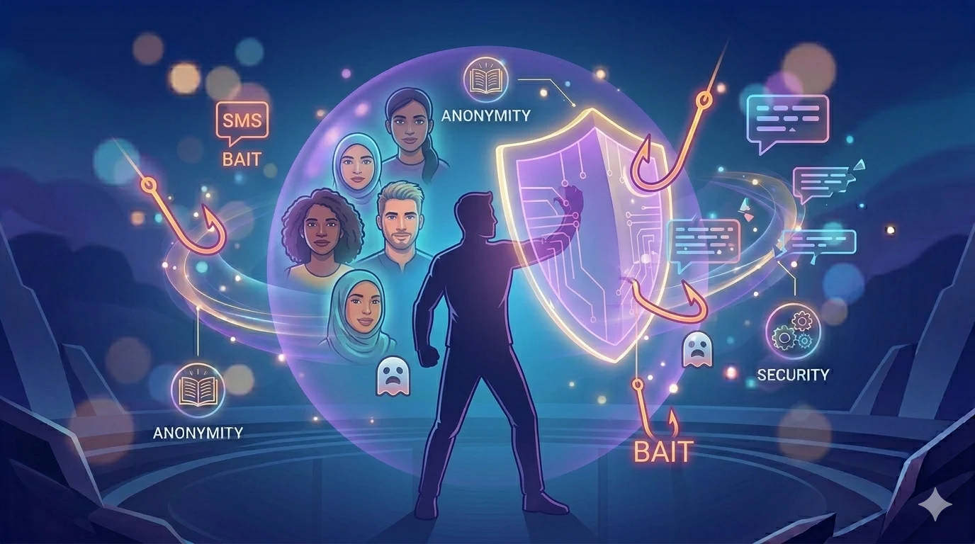 A digital illustration of a user holding a glowing shield against a barrage of phishing hooks and deceptive chat bubbles