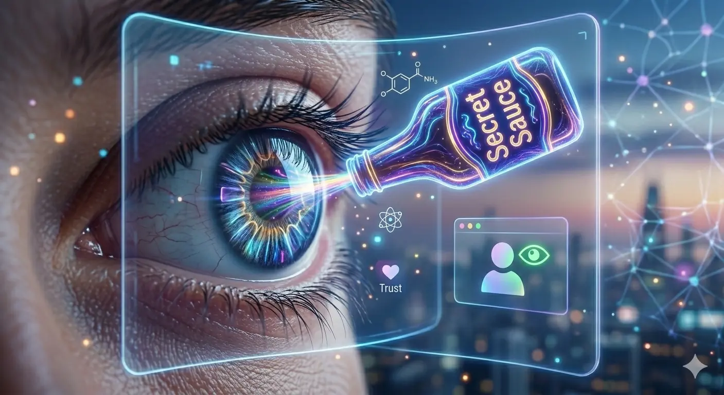 Visual representation of eyes connecting via digital light beams in a video chat