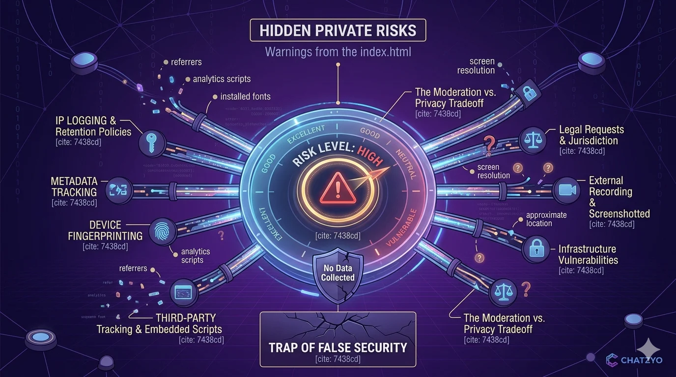 A high-tech 'Risk Level' dial pointing to 'High', surrounded by data tethers labeled 'IP Logging', 'Metadata Tracking', and 'Device Fingerprinting' that are bypassing broken privacy shields.