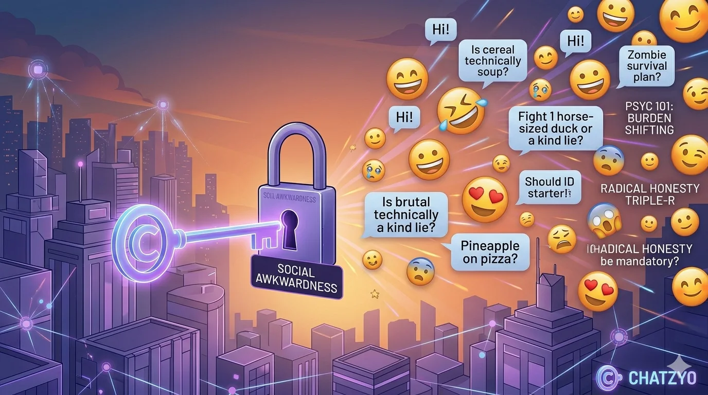 A stylized CHATZYO key unlocking a 'Social Awkwardness' lock, releasing a burst of conversation bubbles featuring icebreakers like 'Is cereal soup?' and 'Zombie survival plan?' alongside technical tags like 'PSYC 101: Burden Shifting'.