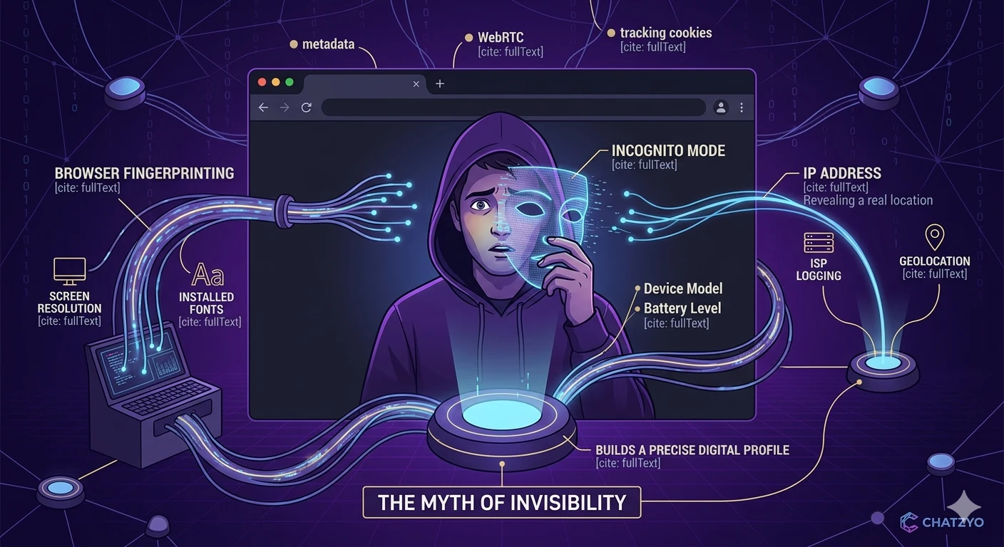 Conceptual illustration of dissolving incognito mask failing to block browser fingerprinting and IP tracking