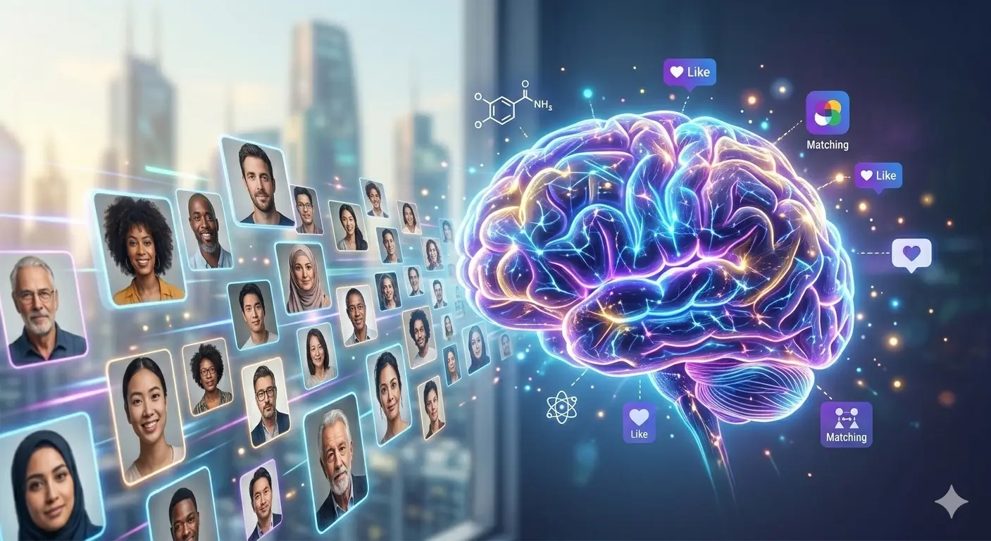 Digital illustration of a human brain processing a stream of diverse global faces, symbolizing random social discovery and dopamine release.