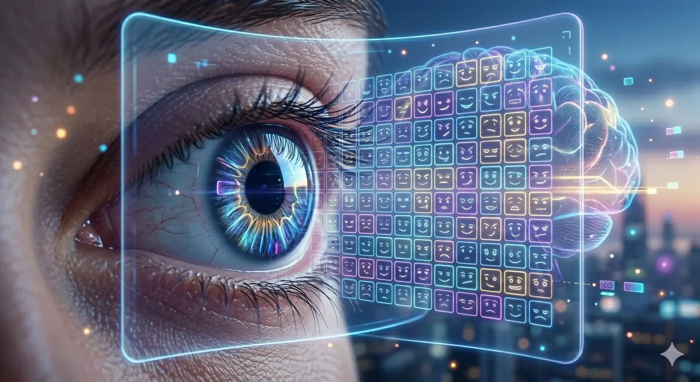 Human eye analyzing digital grid of micro-expressions on a video screen