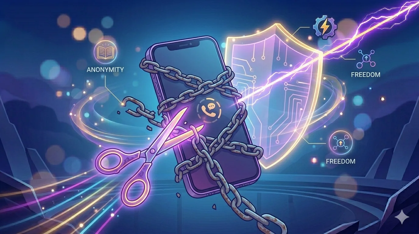 A digital illustration of a smartphone wrapped in chains, with a glowing green unlock symbol breaking through, representing freedom from SMS verification