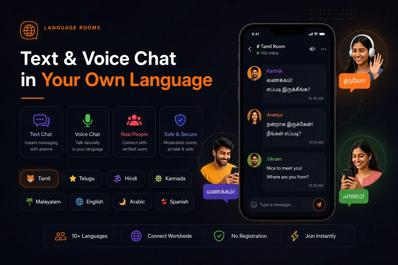 Two people chatting on Chatzyo in Tamil or Telugu
               — free text and voice rooms, no paywall