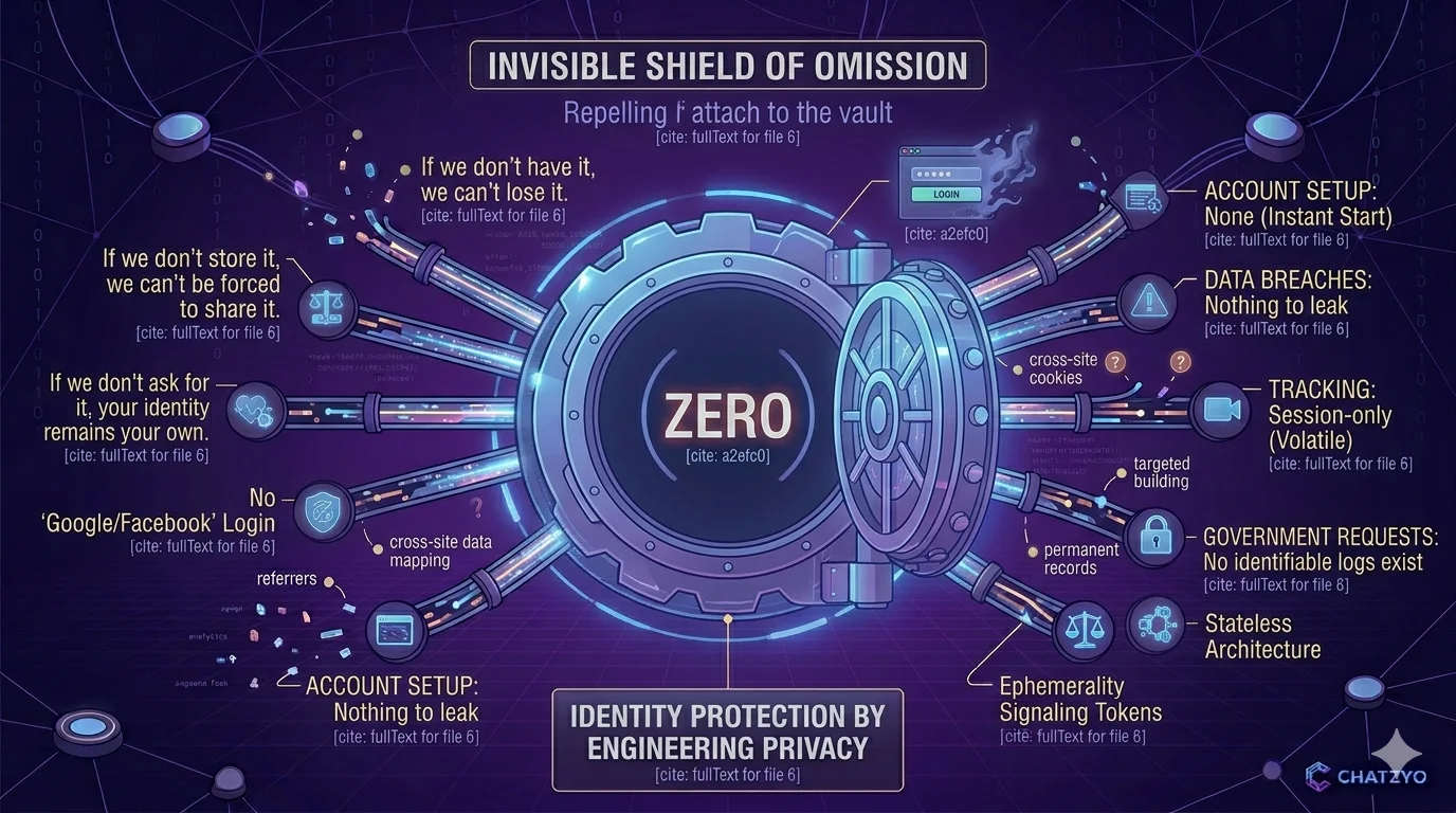 A high-tech digital vault with an open door, representing the 'Invisible Shield of Omission'. The central 'ZERO' core is surrounded by data streams being repelled, labeled with 'No Google/Facebook Login', 'Data Breaches: Nothing to Leak', 'Account Setup: None', and 'Stateless Architecture'.