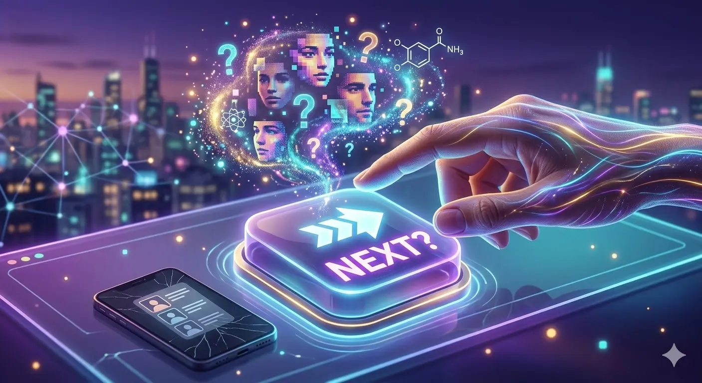 Glowing 'Next' button surrounded by digital neurons and faces