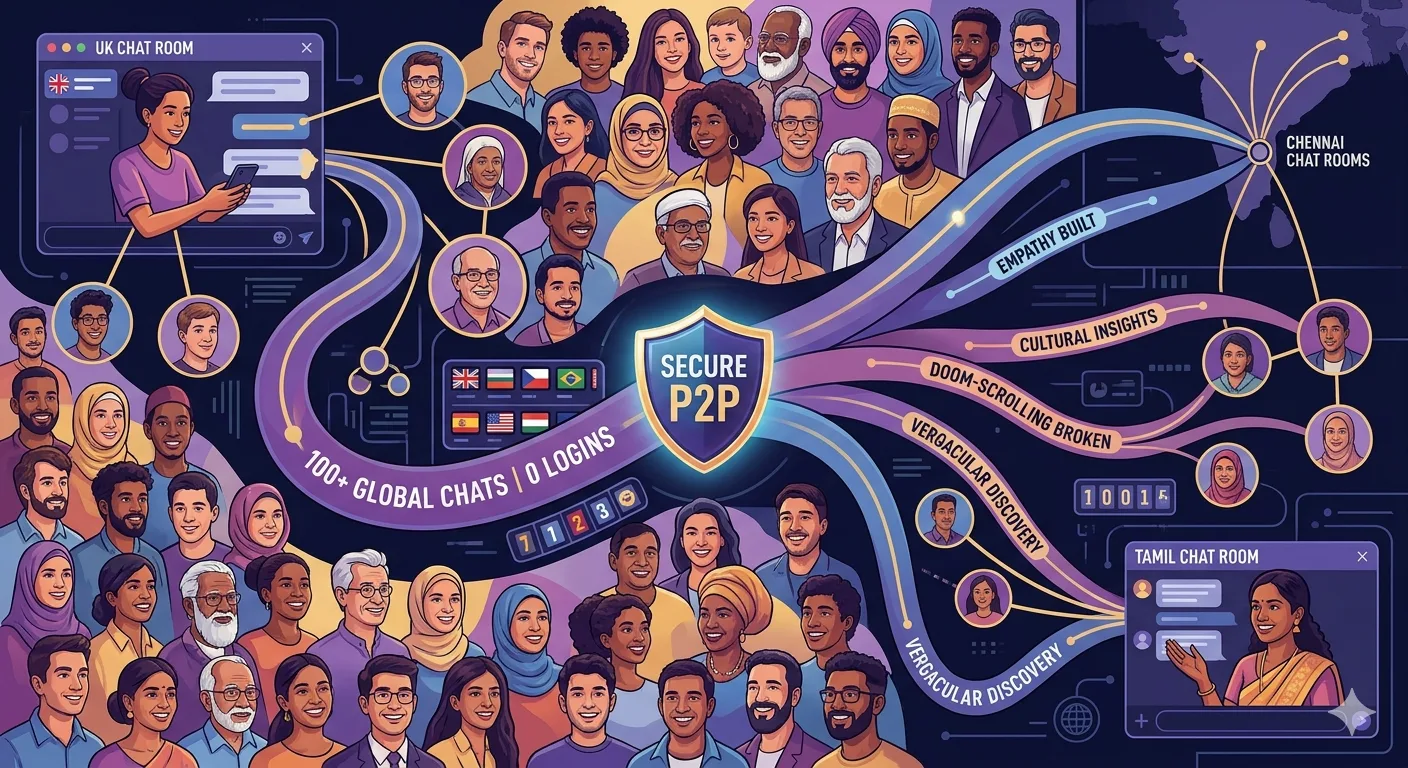 Illustration showing secure digital handshake and encrypted P2P connections