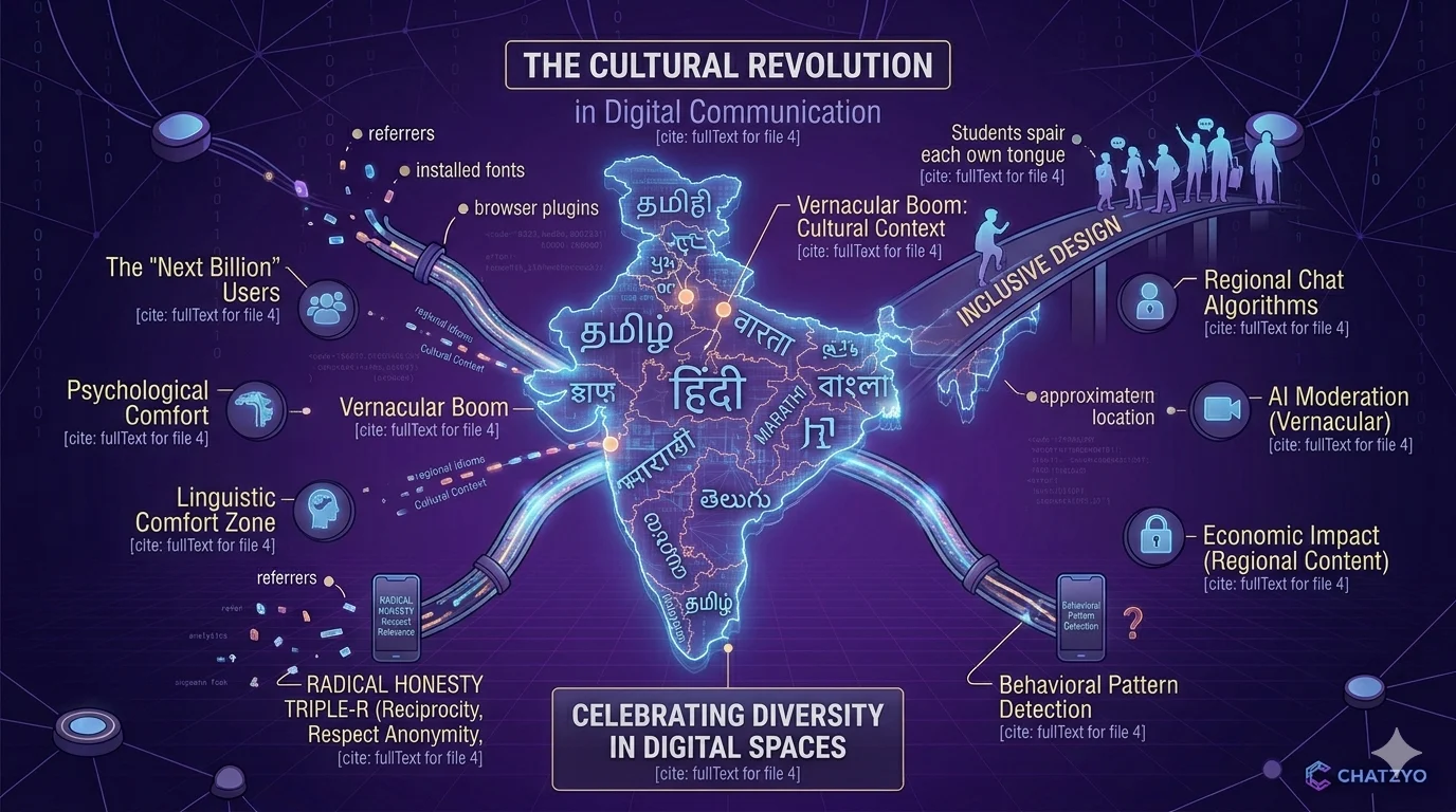 A glowing digital map of India composed of regional scripts like Tamil and Hindi, showing a bridge of 'Inclusive Design' connecting diverse users and overcoming the English language barrier.