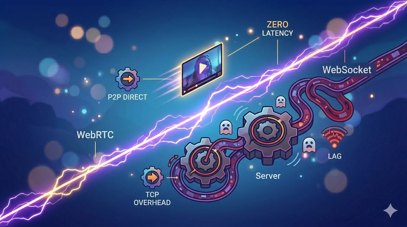 A technical diagram comparing a direct WebRTC connection to a server-routed WebSocket connection