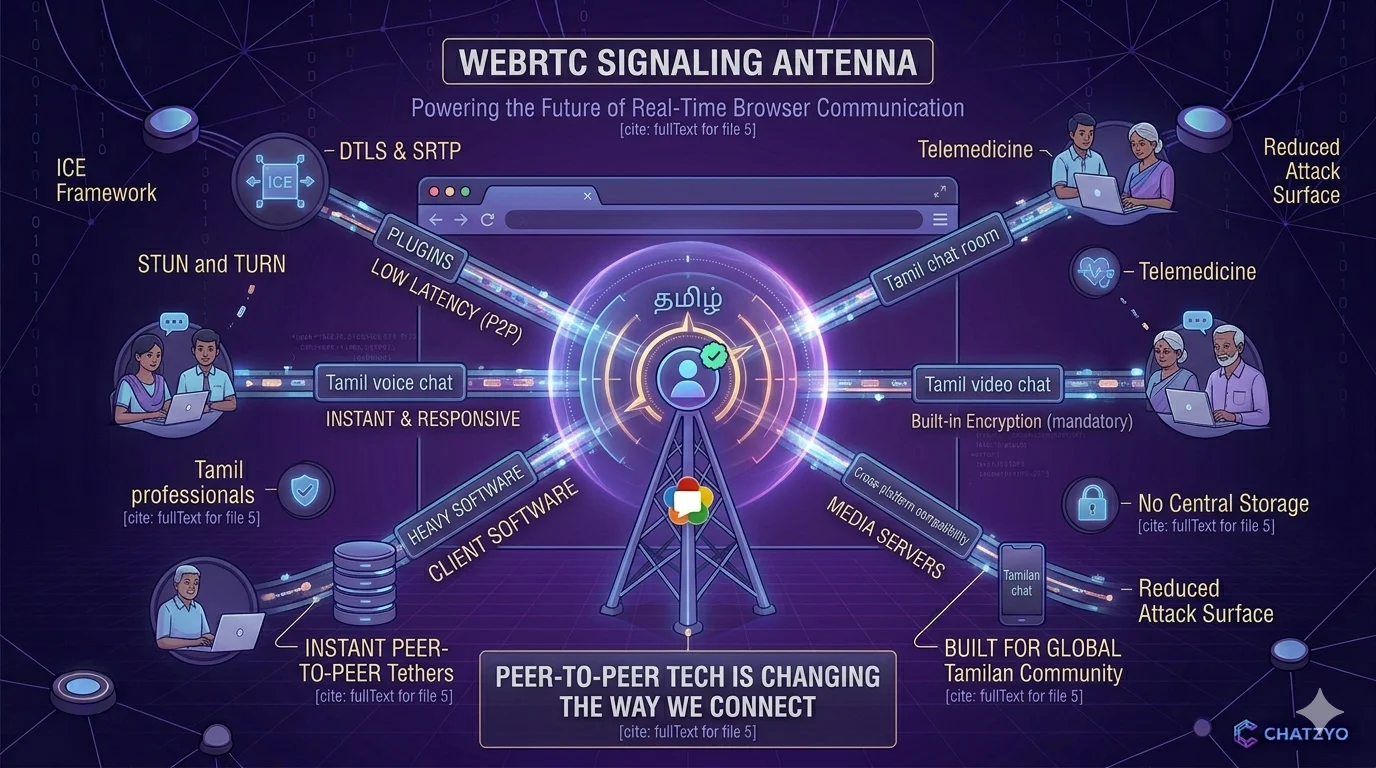 A technical diagram of a WebRTC signaling antenna beaming peer-to-peer data packets between global users, bypassing centralized media servers and reducing latency for Tamilan chat.