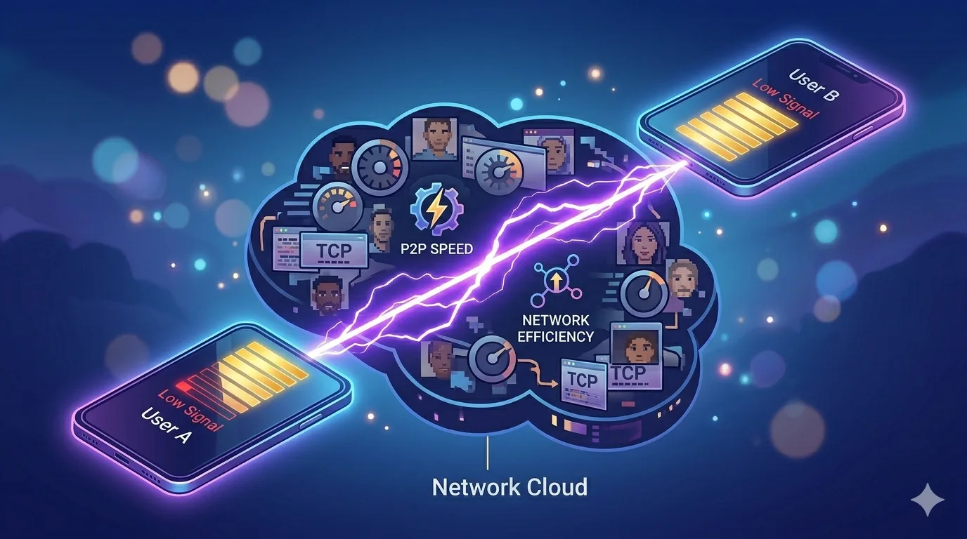 A digital visualization of a fast peer-to-peer data connection bypassing heavy centralized server hubs
